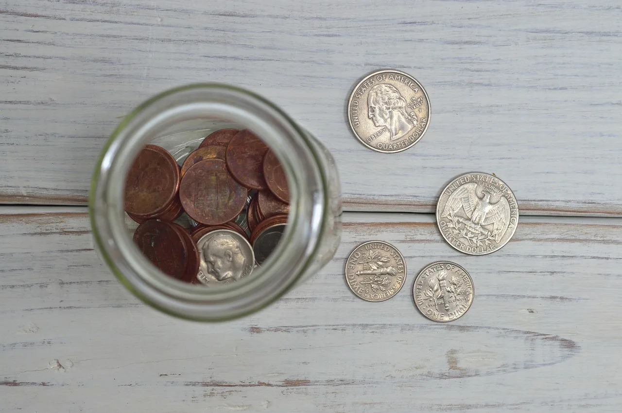 burk, valuta, ändra, cash, penny, fjärdedel, dollar, pengar, finans, spara, bank, ekonomi, finansiella, business, amerikansk, samling, chef, donation, tips